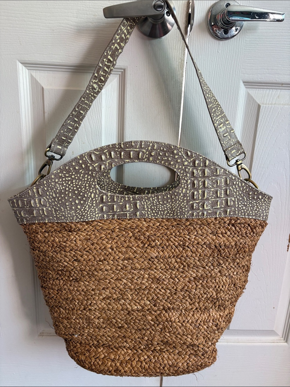 Flora Bella Woven Straw Tote with Metallic Croc-Embossed Trim